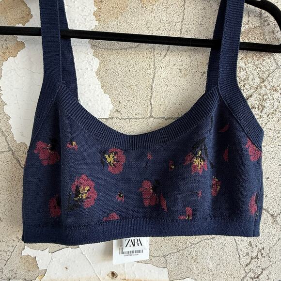 Zara Floral Knit Crop Tank Top Navy Red Knitwear Bralette Style Size M - Picture 7 of 7